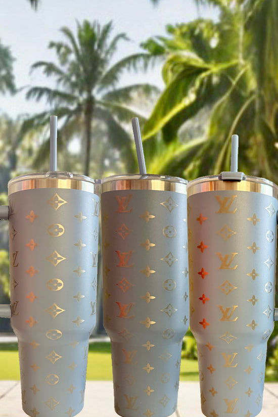LV Inspired 40oz Grey-Blue Engraved Tumbler