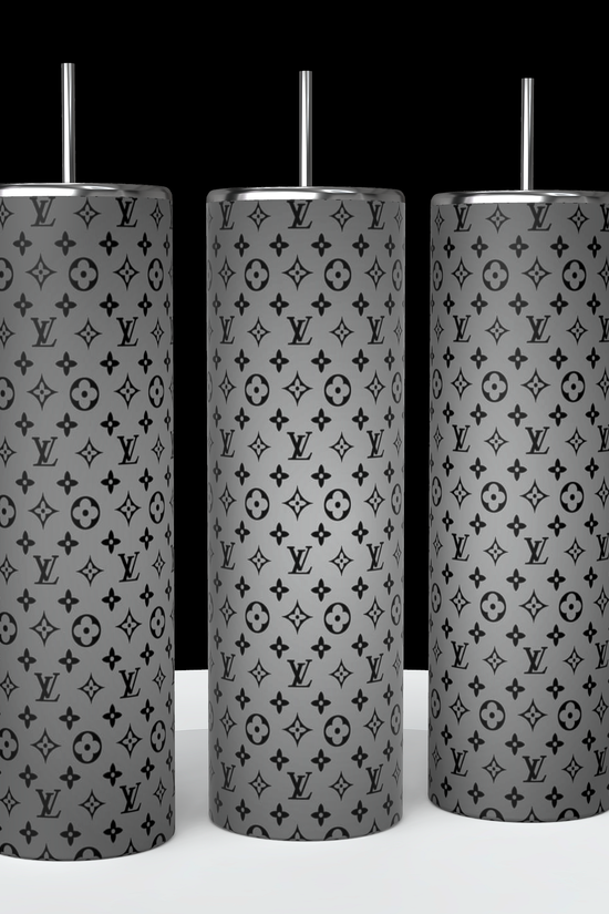 Three tall cylinders in front of a black background on a white pedestal, showing a 20 ounce Tumbler from all sides,
 at a 360° angle, black 
LV  letter repeated throughout design design on gray to white ombre background 
