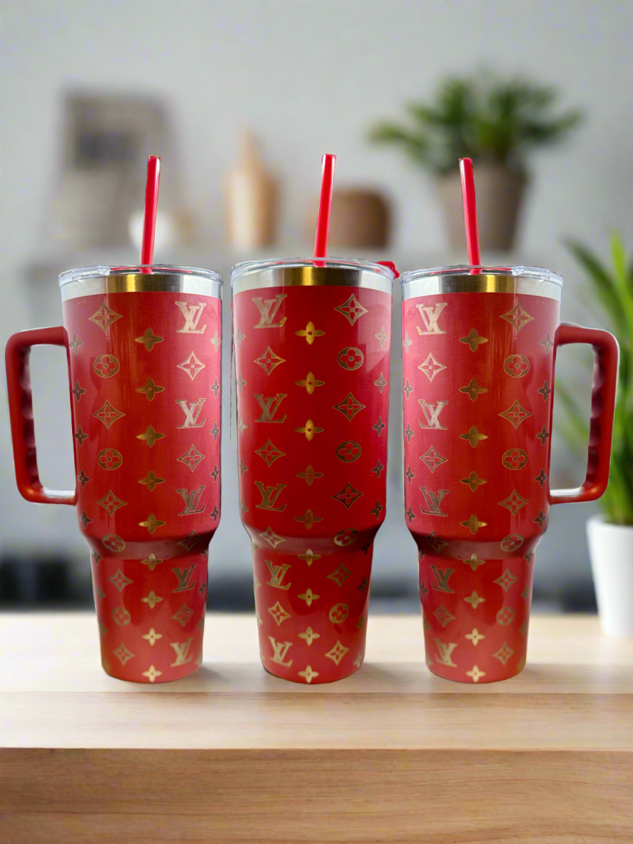 Louis Vuitton Inspired Gold Etched Engraved 40oz Stainless Steel Tumbler