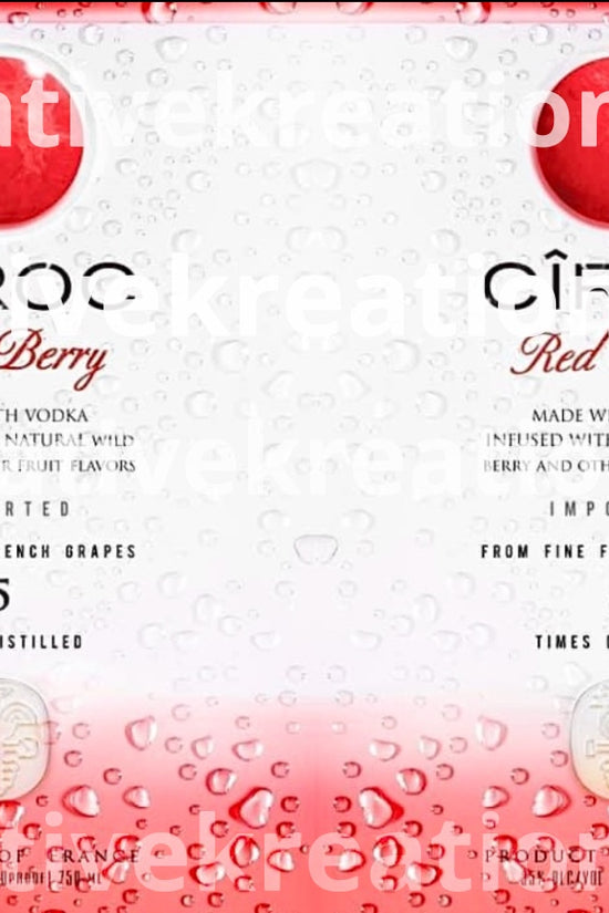 Image of two boxes from the Ciroc Tropical Template 4 pack by Kreative Kreationz, showcasing a design with droplets and a red berry graphic set against a white and red gradient background. The text emphasizes the use of premium ingredients, distillation details, and French grapes, making it ideal for crafting Ciroc templates or designing custom tumbler wraps.