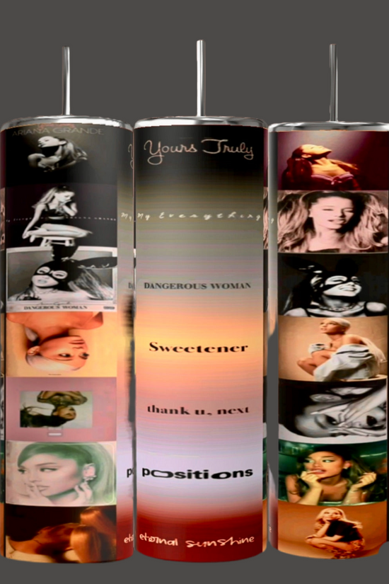 Three slim, vertical 20oz tumblers by Kreative Kreationz, each featuring different images and album covers of a female pop artist. The tumbler designs showcase album titles including 
