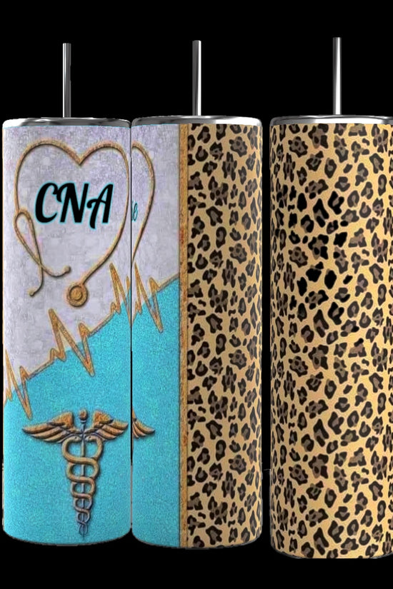 The set includes three 20 oz tumblers in blue from Kreative Kreationz, each adorned with medical-themed designs like stethoscopes, syringes, bandages, and a 