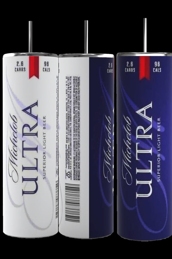 Three Michelob Ultra beer cans are displayed: one with a white background, another showcasing a barcode, nutritional data, and text, and the third boasting a dark blue background. Nearby is a sleek 20 oz stainless steel skinny tumbler from Kreative Kreationz featuring the Michelob Ultra logo. The labels on the cans indicate the beer contains 2.6 grams of carbs and 96 calories.