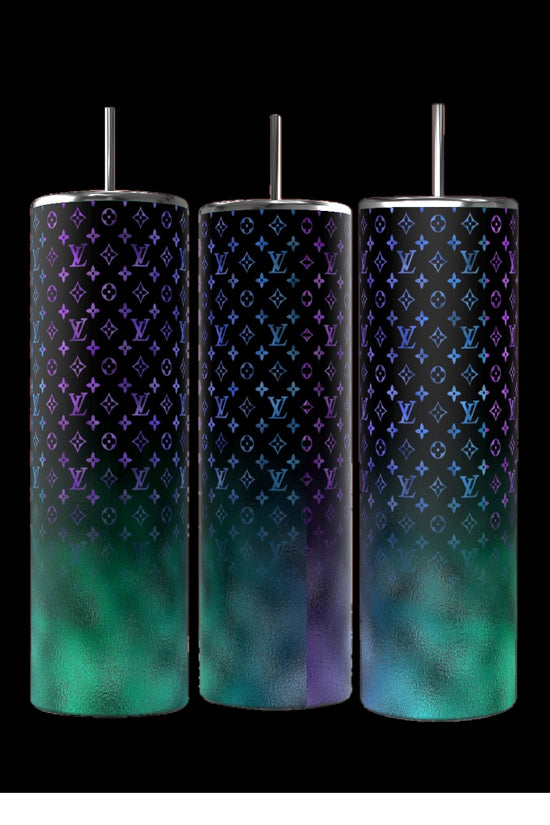 Three LV 20oz Tumblers by Kreative Kreationz, each with a sleek black background and featuring a white and gradient red design with metallic straws. These cylindrical tumblers are adorned with Louis Vittin's iconic overlapping symbols and initials, showcasing durable construction while offering a 20 oz capacity.