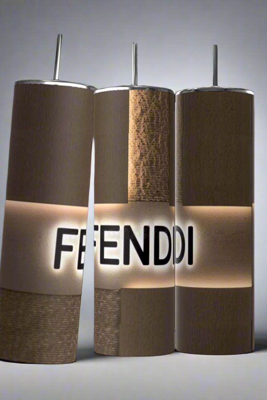 Three FENDI 20oz Skinny Tumblers by Kreative Kreationz are arranged together, featuring wood textures and luxury-inspired design. Each has a stainless steel lid with a straw and an illuminated band with the 