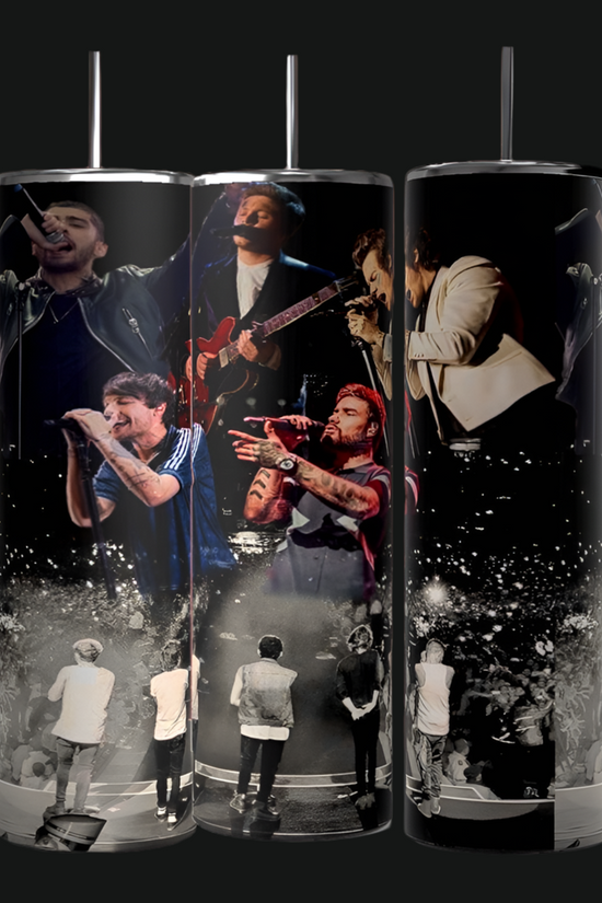 The Kreative Kreationz One Direction Collage 20oz Stainless Steel Tumbler features wraparound designs of the band performing on stage, singing, and playing guitar, with cheering crowds and stage lights in the background.