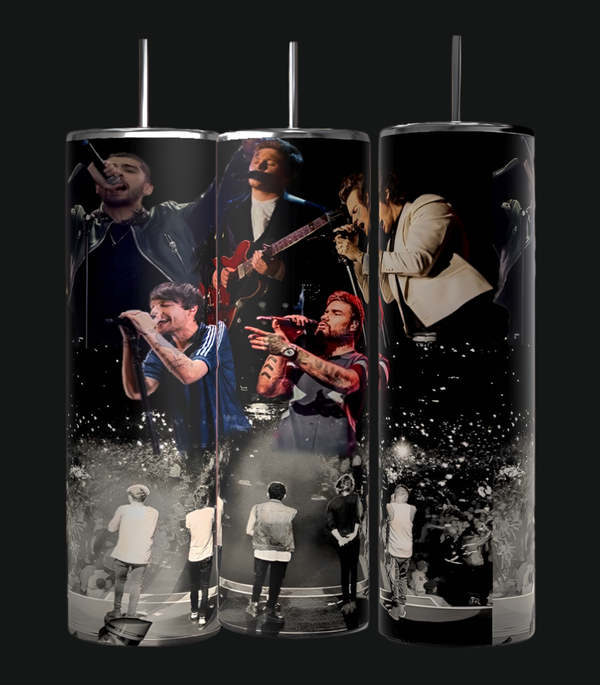 The Kreative Kreationz One Direction Collage 20oz Stainless Steel Tumbler features wraparound designs of the band performing on stage, singing, and playing guitar, with cheering crowds and stage lights in the background.