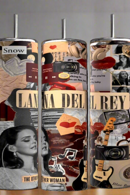 The Lana Del Rey Collage Tumblers by Kreative Kreationz are tall and cylindrical, featuring guitar and record designs. Made from eco-friendly stainless steel, they stylishly embody sustainable drinkware.