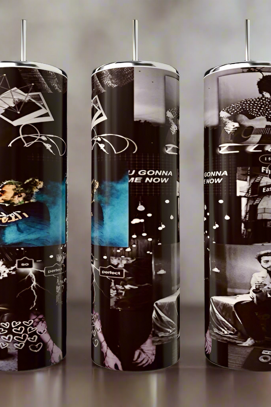 The Post Malone Tumbler set by Kreative Kreationz includes three stainless steel cylindrical drinking tumblers featuring a black and white collage of musicians, geometric shapes, and handwritten text against a blurred background with green plants.