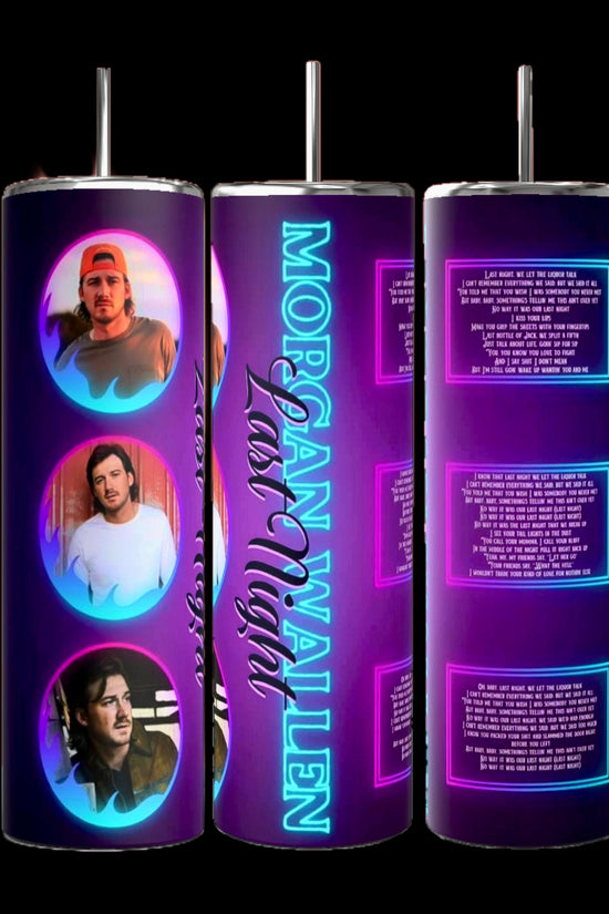 The three Morgan Wallen 20oz Tumblers produced by Kreative Kreationz are crafted with durable construction, displaying purple backgrounds and neon text that says 