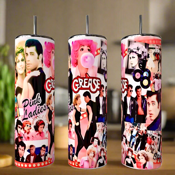 Kreative Kreationz's Grease Tumbler -80s set includes three luxury tumblers with vibrant collage designs of Pink Ladies, Danny, and Sandy from "Grease," featured against a blurred indoor backdrop.