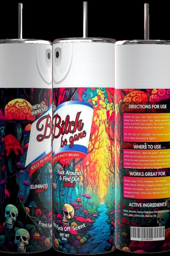 Three brightly colored 20oz tumblers from Kreative Kreationz are arranged side-by-side, each featuring vivid fantasy-themed designs of colorful mushrooms, skulls, and a forest scene. The text on the front reads 