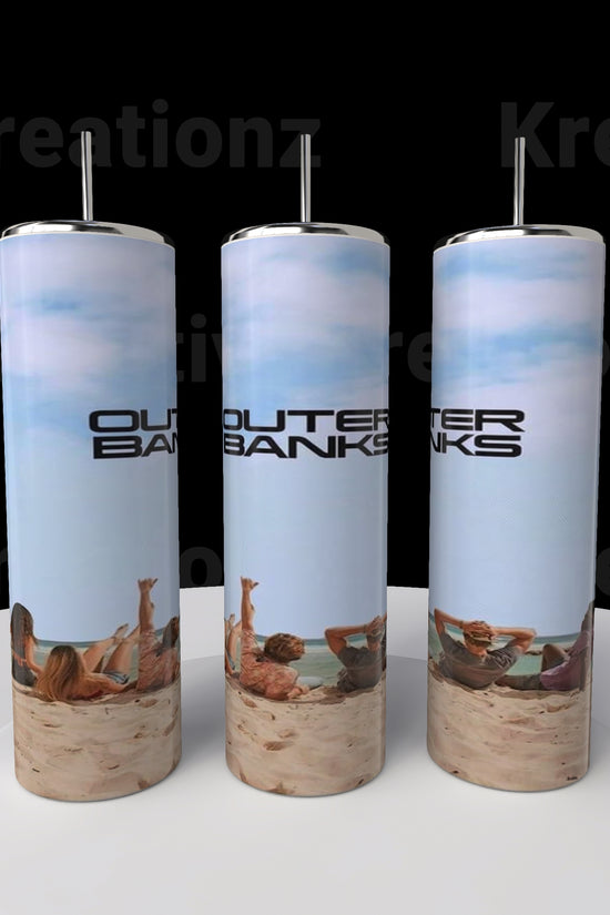 Three Outer Banks OBX 20oz Tumblers by Kreative Kreationz, each tall and featuring beach scenes with 