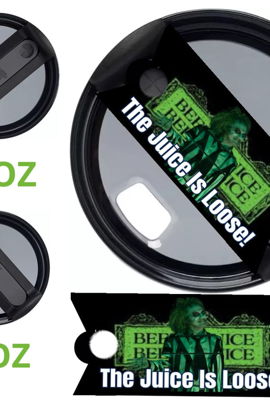 A three-pack of black lids for 20 oz and 40 oz cups, featuring the Kreative Kreationz Beetlejuice Stanley Lid Topper with a green-haired character and 