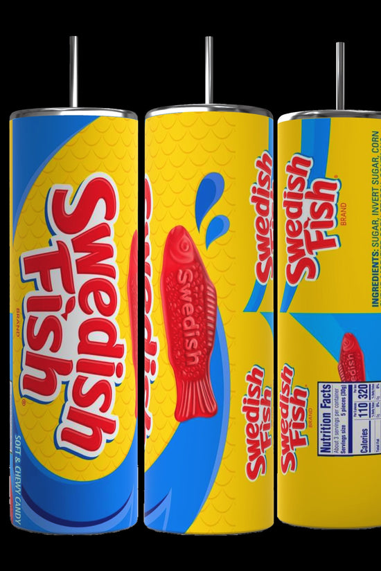Three cylindrical Swedish Fish 20oz Stainless Steel Skinny Tumblers by Kreative Kreationz are displayed, each featuring a vibrant candy design. Predominantly blue and yellow with red fish graphics and the text 