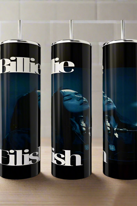 Three Billie Eilish Tumblers by Kreative Kreationz display an artistic image of a singer with 