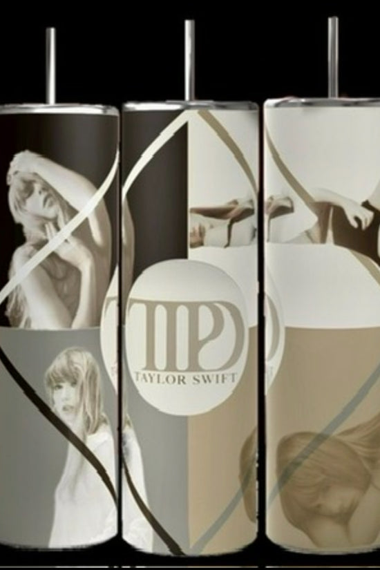 Three cylindrical Taylor Swift tumblers from Kreative Kreationz's 