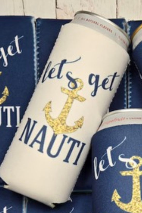 A white can with a gold anchor and blue cursive text that reads 
