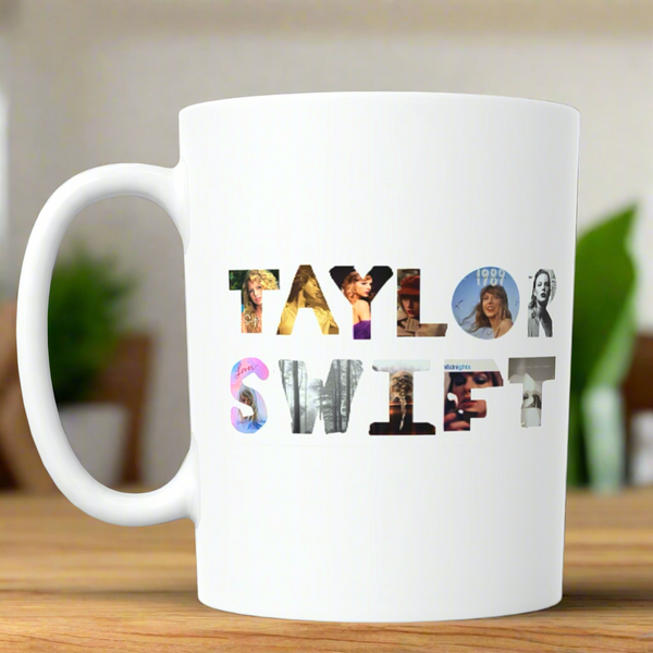 The Taylor Swift Eras Ceramic Mug by Kreative Kreationz showcases "TAYLOR SWIFT" with colorful images from her iconic eras and albums, perfect for adding a cozy, stylish touch to your drinkware collection.