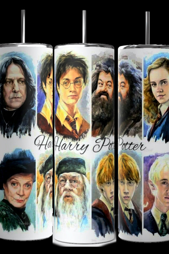 Experience the magic with Kreative Kreationz's Harry Potter Illustration 20oz Tumblers. These three durable tumblers feature watercolor-style illustrations of a young wizard, friends, and mentors, each bearing the iconic 