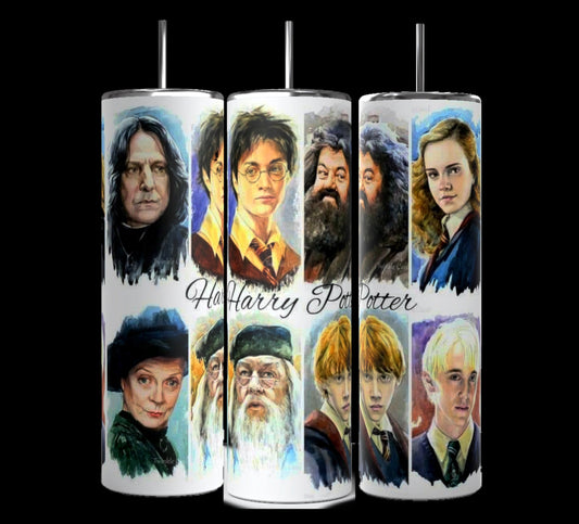 Experience the magic with Kreative Kreationz's Harry Potter Illustration 20oz Tumblers. These three durable tumblers feature watercolor-style illustrations of a young wizard, friends, and mentors, each bearing the iconic "Harry Potter" text.