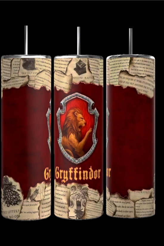 These Harry Potter Collection 20oz Tumblers from Kreative Kreationz feature a tall, cylindrical design with a red Gryffindor crest and lion emblem. The background is adorned with parchment-like patterns and text against a dark backdrop, celebrating the four house designs.