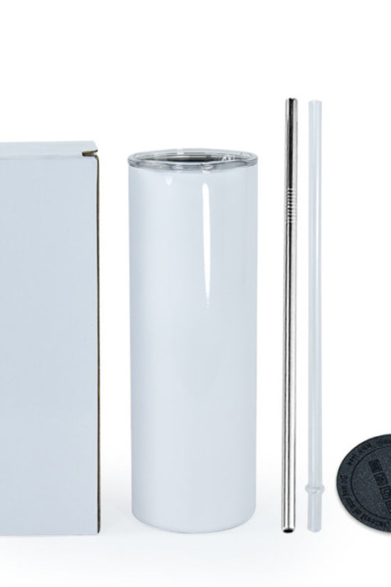 Neatly arranged on a white background is a tall, brown cylindrical tumbler from Kreative Kreationz. It features a clear lid, a silver reusable straw, a long cleaning brush, and comes with both a black circular coaster and a white rectangular box. This Dooney and Bourke 20oz Tumbler also boasts double-wall insulation for optimal temperature retention.
