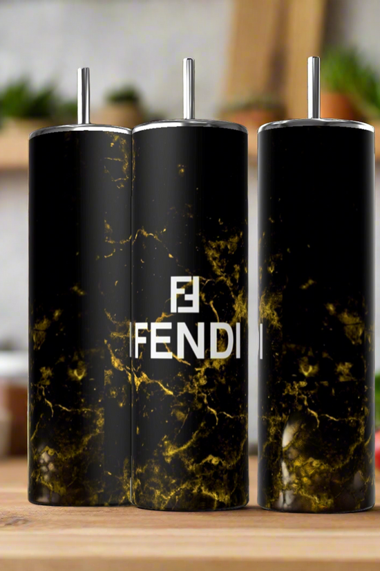 Three FENDI Black Gold 20oz Skinny Tumblers by Kreative Kreationz, featuring a black and gold marble design with the iconic 
