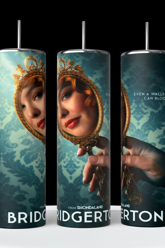 Three cylindrical Bridgerton 20oz Stainless Steel Tumblers by Kreative Kreationz, each boasting a promotional image of a red-haired woman gazing into a hand mirror against a teal patterned backdrop. The word 