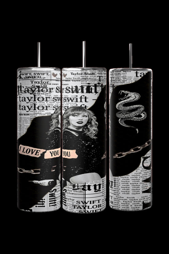 Three Evermore | Taylor Swift 20oz Skinny Tumblers by Kreative Kreationz with spill-proof lids are displayed on a wooden surface with a forest background. Each tumbler features an image of a person with a braided hairstyle facing away and the word 