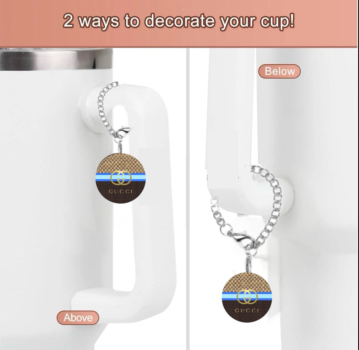 The Chanel Cup Charm by Kreative Kreationz is a white cup with a unique chain and handcrafted charm on the handle. The charm features a brown pattern with blue and black stripes, "GUCCI" text, and can hang above or below the handle.