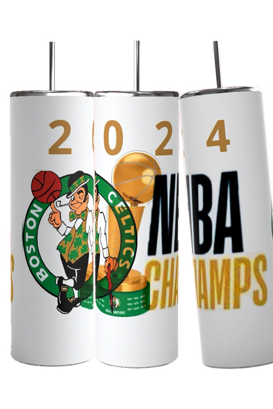 Three stainless steel tumblers are displayed on a green background. Each Kreative Kreationz Boston Celtics 2024 Champs Custom 20oz Tumbler features part of a design that, when combined, reads 