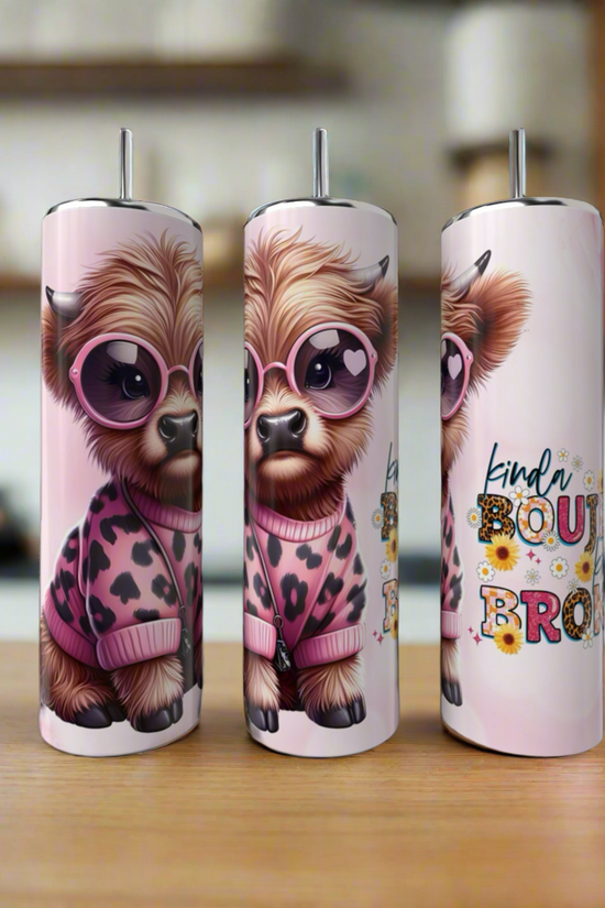 Three tall 20oz stainless steel tumblers from Kreative Kreationz's Kinda Boujee But Broke Cow Collection showcase a cute cow in pink glasses and leopard print, one with 