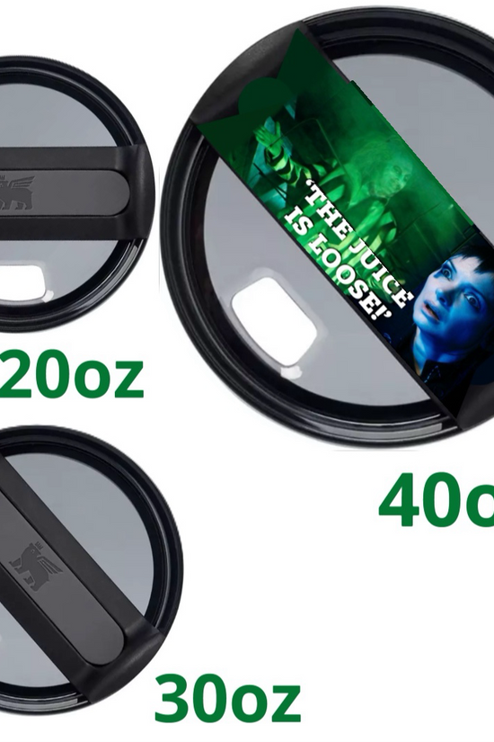 Three Beetlejuice The Juice Is Loose lid toppers by Kreative Kreationz in 20oz, 30oz, and 40oz sizes are displayed on a white background. The largest lid has a sticker with a green design for personalized drinkware.