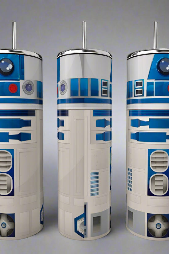 The Kreative Kreationz Star Wars C3PO Tumbler collection includes three metal tumblers designed to mimic a blue and white robot, featuring intricate panel designs on a gray background. Each sublimated tumbler comes with a durable build, complete with a silver lid and straw.