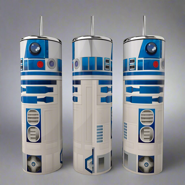 The Kreative Kreationz Star Wars C3PO Tumbler collection includes three metal tumblers designed to mimic a blue and white robot, featuring intricate panel designs on a gray background. Each sublimated tumbler comes with a durable build, complete with a silver lid and straw.