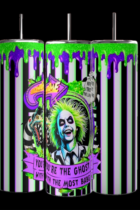 Three Kreative Kreationz Beetlejuice Striped 20oz tumblers feature a vibrant design with green and purple drips, stripes, a ghostly cartoon character, and 