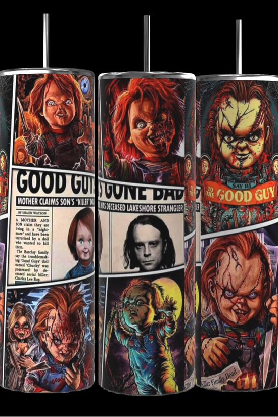 Three CHUCKY | Halloween| 20oz Tumblers by Kreative Kreationz, featuring detailed horror-themed artwork of a menacing doll with red hair, scars, and a sinister grin. These spooky tumblers include comic-style panels with various expressions and scenes, including a 