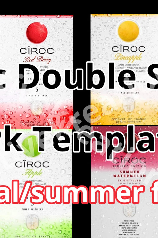 Image featuring Kreative Kreationz's Ciroc Tropical Template 4 pack, highlighting packaging designs for four flavors: red berry, pineapple, apple, and watermelon. Each vibrant template showcases a fruit image with a matching gradient and the text 