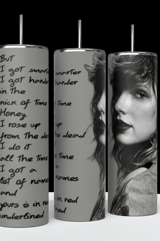 Three tall cylindrical objects with black lids. The Taylor Swift Rep 20oz Tumbler on the left, by Kreative Kreationz, features handwritten text, while the middle and right tumblers display grayscale images of a woman with curly hair and intense expressions, dressed in casual attire. The background is black.
