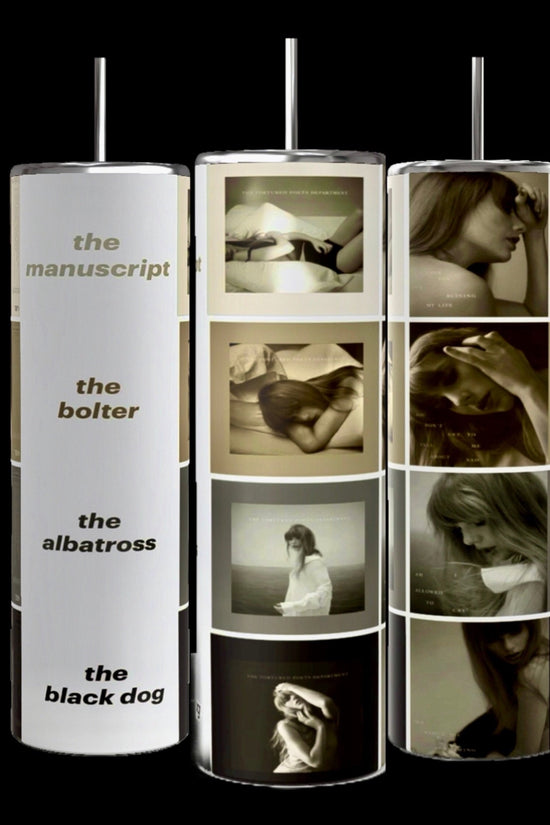 Three cylindrical stands display various monochromatic photographs of women in thoughtful and pensive poses. The left stand showcases titles 