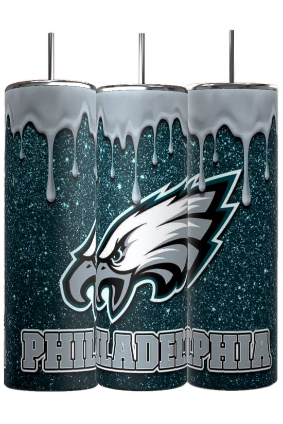 Three Kreative Kreationz 20oz Skinny Tumblers feature a blue glitter background with a stylized Philadelphia Eagles logo and the word 