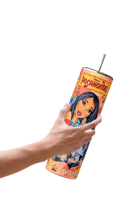 A hand holding a vibrant Pocahontas 20oz Tumbler from Kreative Kreationz showcases the illustrated character in colorful detail. Decorative patterns surround Pocahontas, creating an eye-catching design on this tumbler with a spill-proof lid.