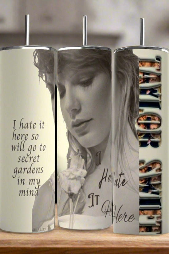 Three Kreative Kreationz Secret Garden Taylor Swift 20oz stainless steel tumblers with metal straws feature black-and-white art, floral designs, the quote 