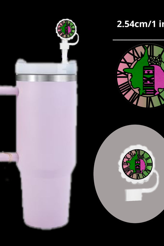 This pink Stanley tumbler from Kreative Kreationz features a unique Wicked Straw Cover—an attachment 2.54 cm/1 inch in diameter with a splash-proof feature and clock face design in pink and green, enhancing its practicality and charm.