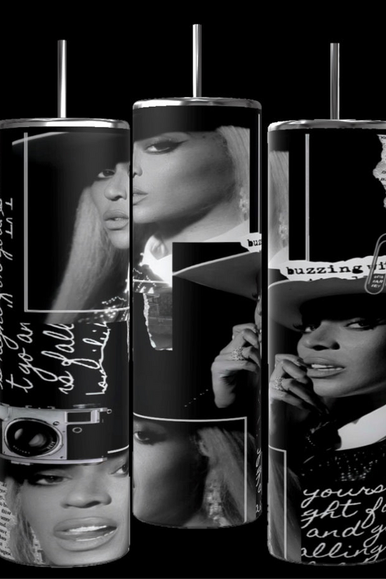 Four tall, slender Beyonce 20oz Stainless Steel Tumblers from Kreative Kreationz with metal straws are displayed against a black background. Each custom tumbler features abstract photo art of a person wearing sunglasses in various poses, overlaid with a geometric black and white design.