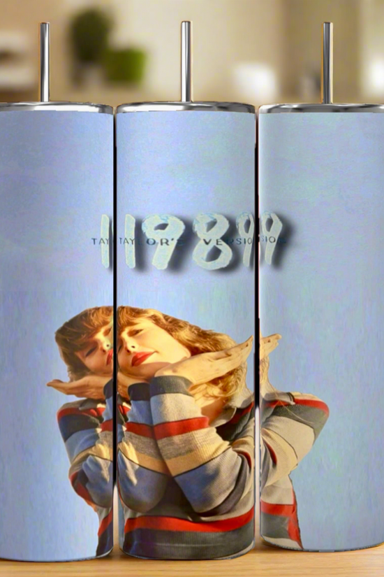 Three Kreative Kreationz Taylor Swift 1989 20oz tumblers with metal straws showcase a luxury blue design with a woman in stripes and 