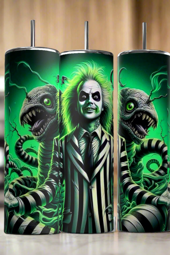 The Beetlejuice Neon 20oz Tumbler by Kreative Kreationz features Beetlejuice in his striped suit with neon green sandworms and a glowing background, all on an eco-friendly stainless steel design.