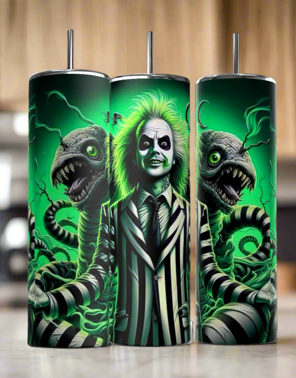 The Beetlejuice Neon 20oz Tumbler by Kreative Kreationz features Beetlejuice in his striped suit with neon green sandworms and a glowing background, all on an eco-friendly stainless steel design.