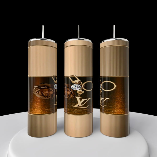 Three luxurious MK Chrome Cursive 20oz Tumblers by Kreative Kreationz glisten against a black background. Each tumbler features elegant gold designs and reflects an eco-friendly touch of elegance with prominent "MK" initials.
